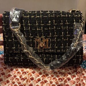 Badgley Mischka Black and Gold Tweed Shoulder Bag